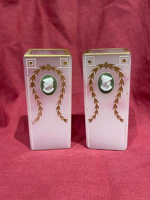 Pair Of Enamelled Glass Vases With Cameo Decor