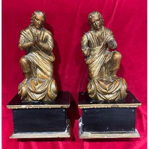 Pair Of Angels In Golden Wood End XVIIIth Religious Art