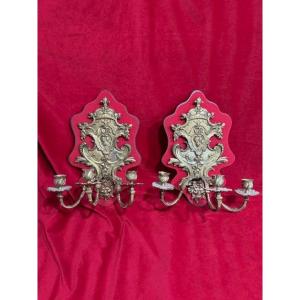 Pair Of 3-light Louis XIV Bronze Wall Lights With The Arms Of France, 19th Century