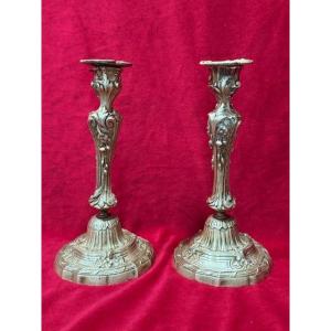 Pair Of Louis XV Gilt Bronze Candlesticks, 18th Century