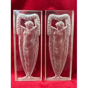 Paire Plaque En Verre Vincent Hettier Art Deco 1930