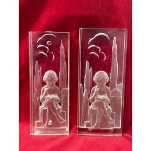 Paire Plaque En Verre Vincent Hettier Art Deco 1930