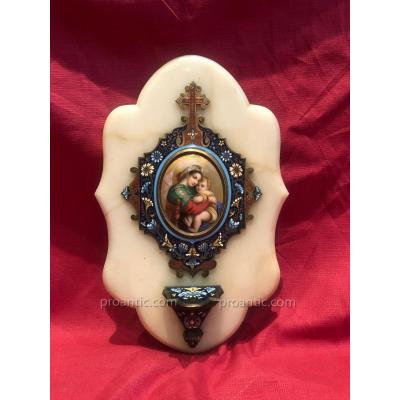 Benitier Enamels Cloisonne Virgin Al Child Era XIX Eme