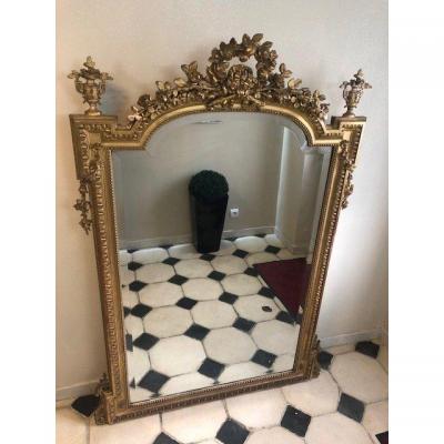 Large Fireplace Mirror In Wood And Golden Stucco, Napoleon III Period