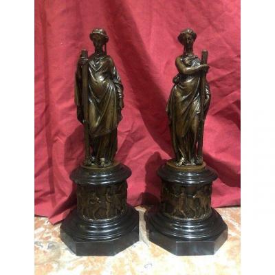 Pair Of Candlesticks Statue Bronze Allegoric XIX Eme