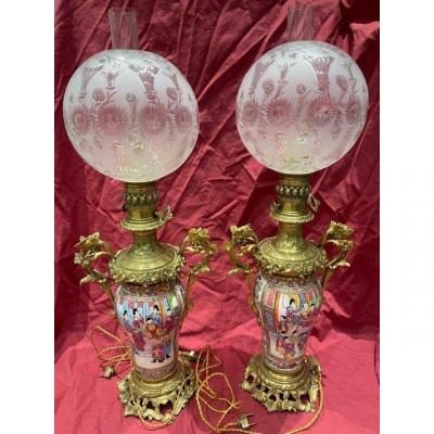 Pair Of Large Gilt Bronze Canton Porcelain Lamp XIX