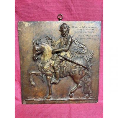 Plaque En Bronze Comtesse Valentine De Biencourt (1839-1929) Henri De Montmorency à Cheval 