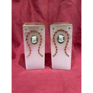 Pair Of Enamelled Glass Vases With Cameo Decor