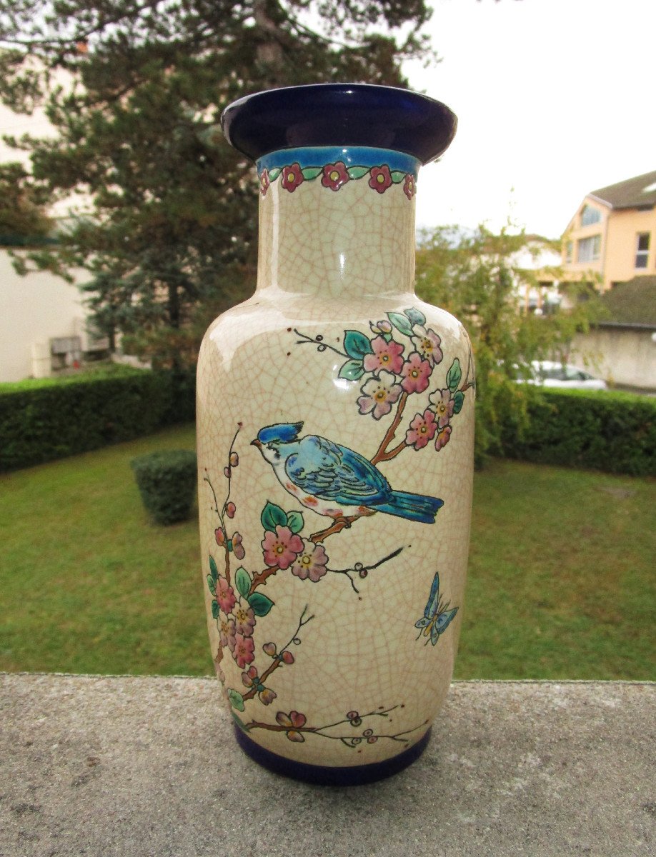 Ancien Superbe Vase En &eacute;maux De Longwy, D&eacute;cor d'Oiseaux Papillons Et Branches Fleuries 24 Cm.-photo-2