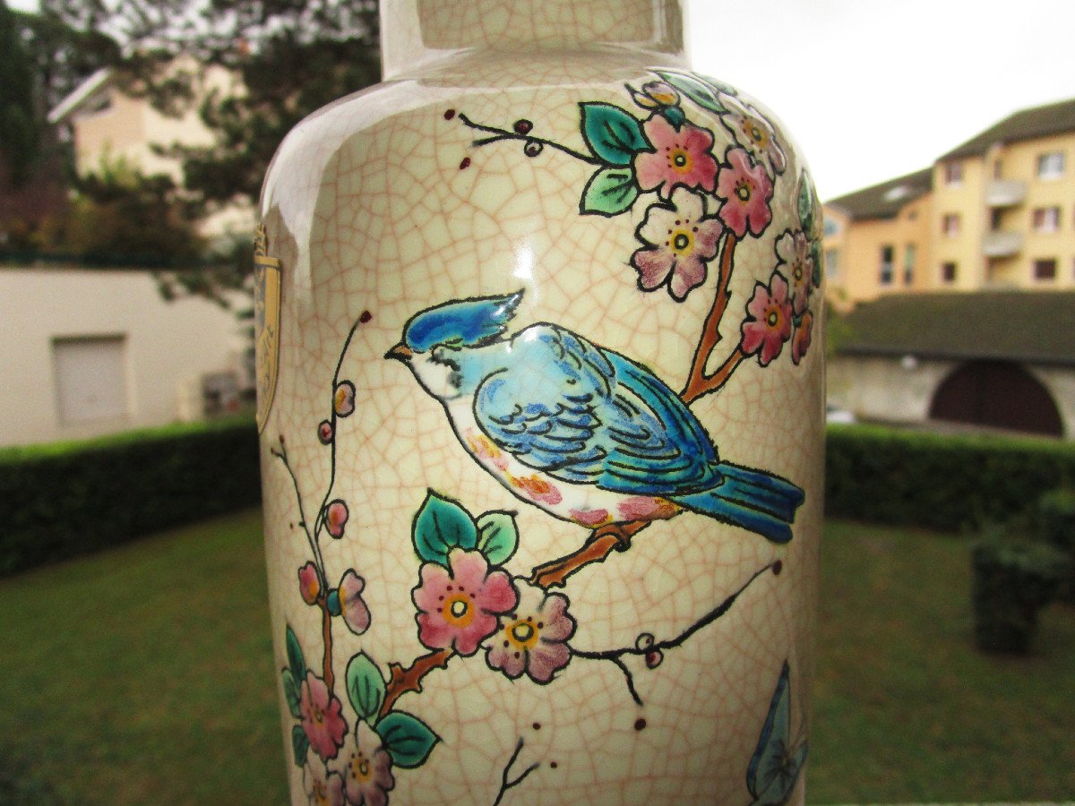 Ancien Superbe Vase En &eacute;maux De Longwy, D&eacute;cor d'Oiseaux Papillons Et Branches Fleuries 24 Cm.-photo-2