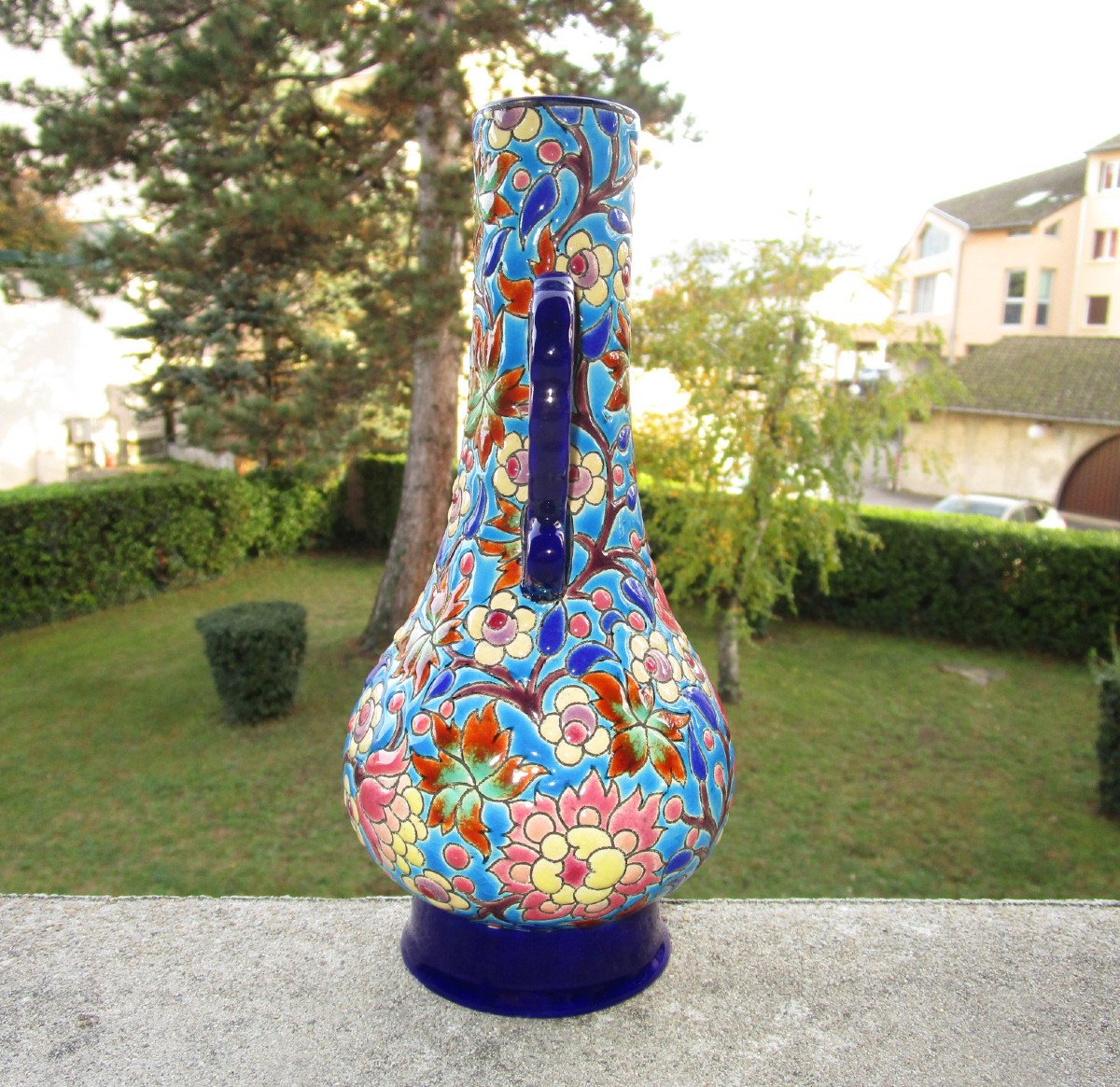 Old Superb Vase With Handles In Longwy Enamels In Perfect Condition. Height: 21.5 Cm.-photo-3