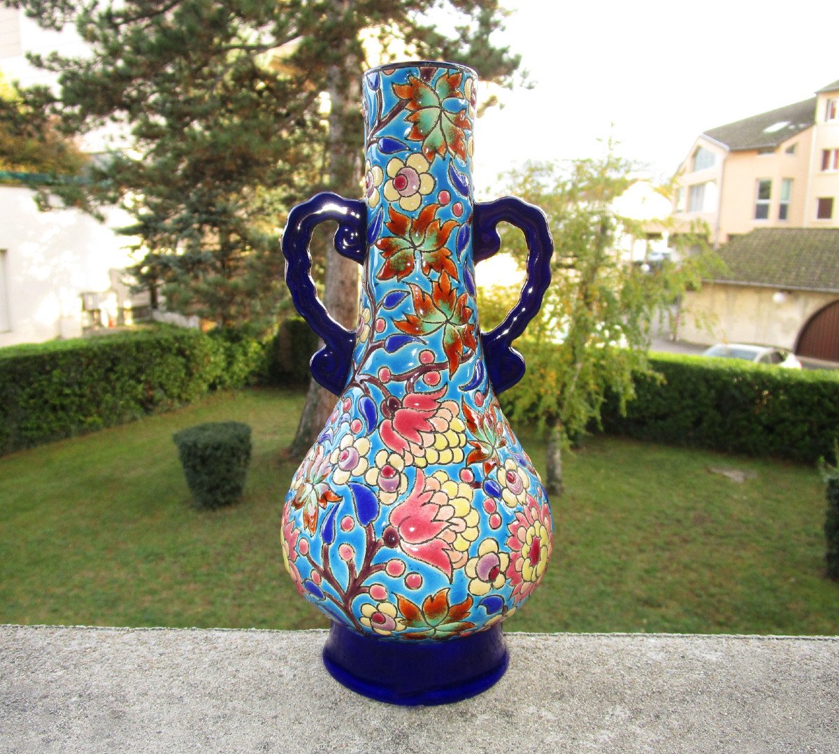 Old Superb Vase With Handles In Longwy Enamels In Perfect Condition. Height: 21.5 Cm.-photo-4