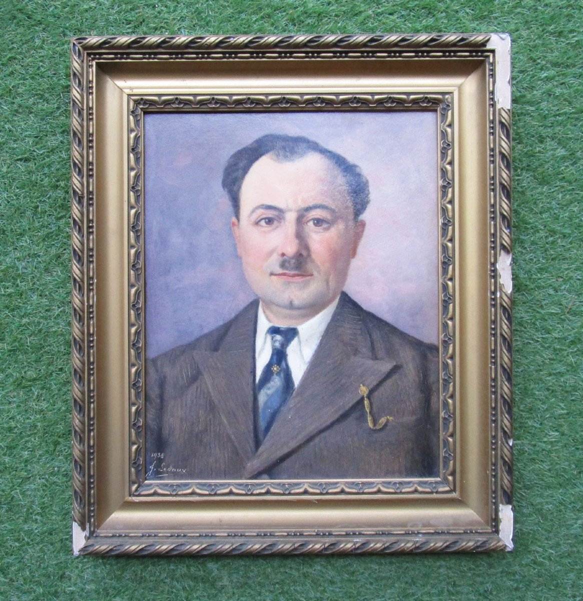 Oil On Panel Beautiful Portrait Of A Man Around 1940 Signed Ledoux And Dated In 1938 Art Deco Painting