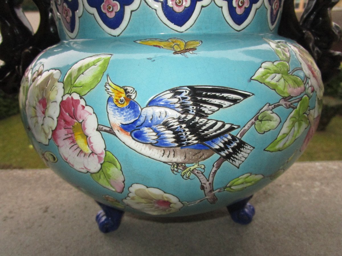 Superb Large XIXth Cachepot In Enamelled Earthenware Attributed To Eugène Collinot Or Edouard Gilles-photo-2