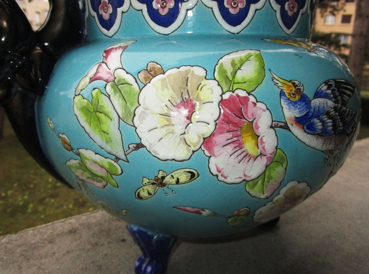 Superb Large XIXth Cachepot In Enamelled Earthenware Attributed To Eugène Collinot Or Edouard Gilles-photo-3