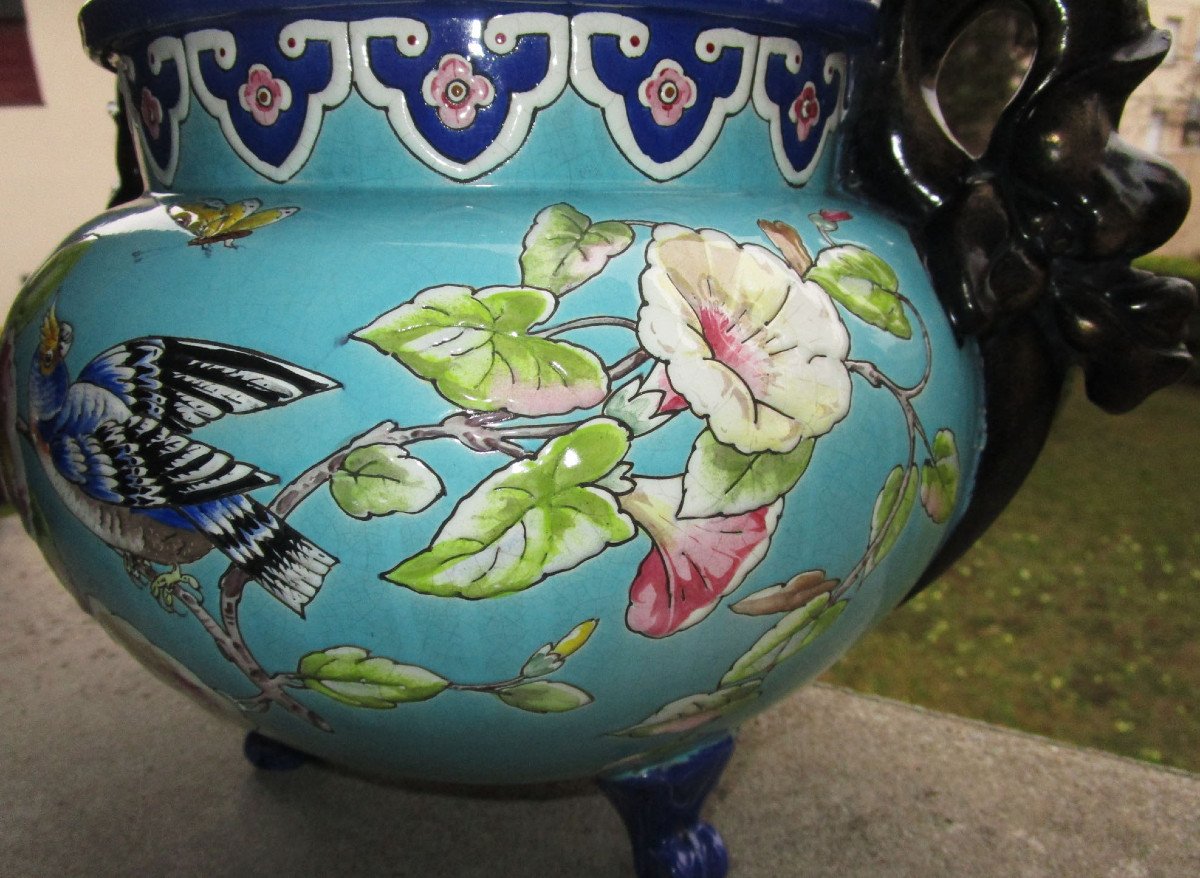 Superb Large XIXth Cachepot In Enamelled Earthenware Attributed To Eugène Collinot Or Edouard Gilles-photo-4