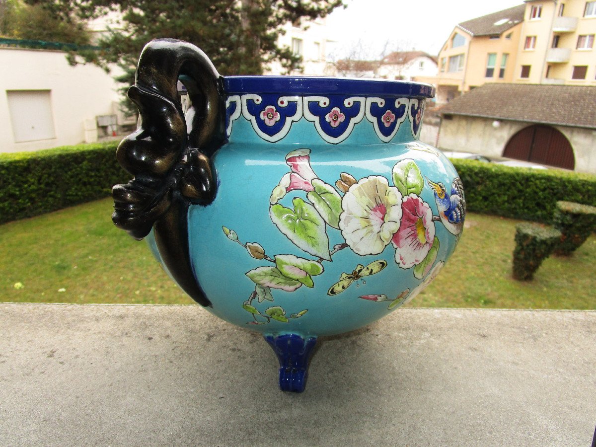 Superb Large XIXth Cachepot In Enamelled Earthenware Attributed To Eugène Collinot Or Edouard Gilles-photo-6