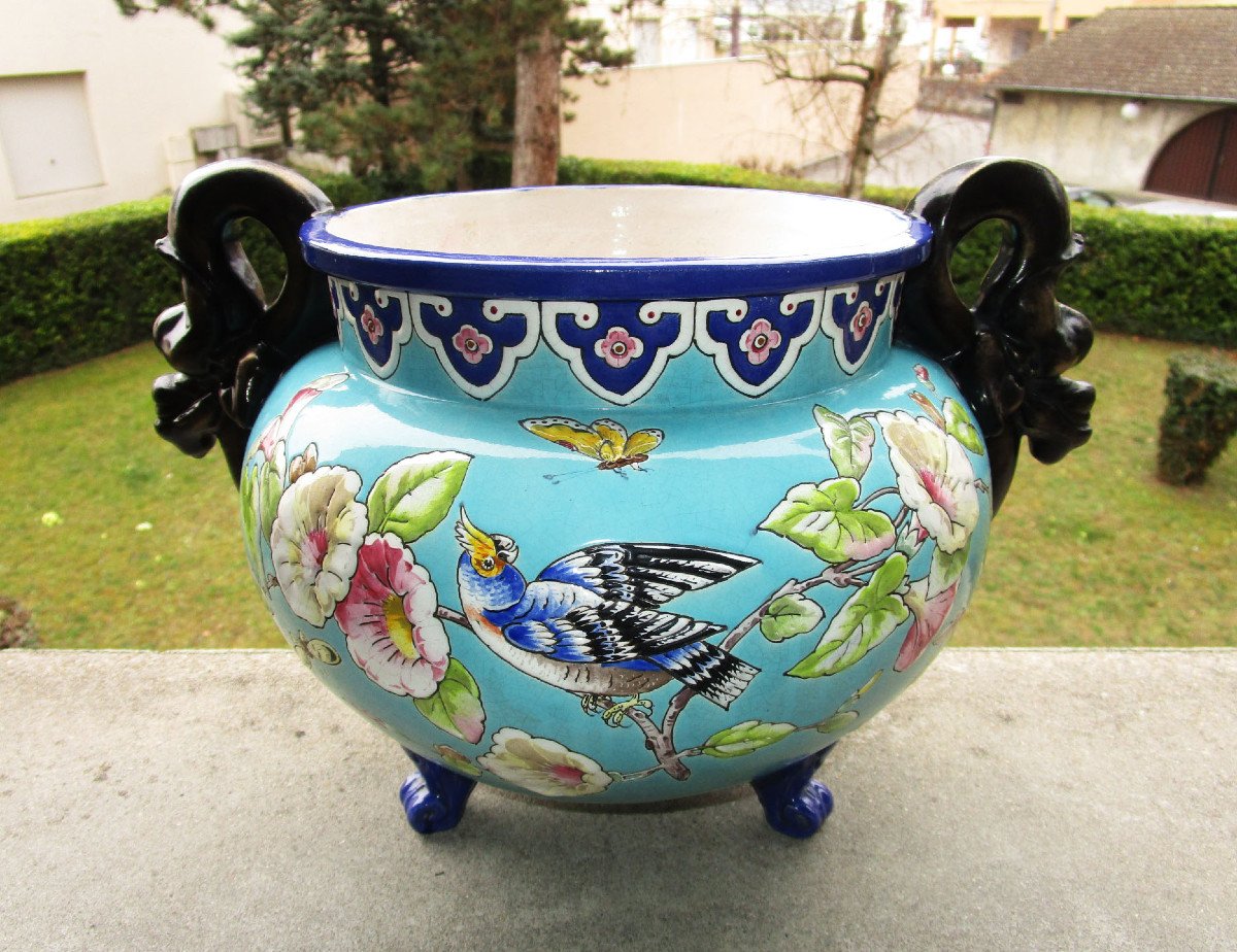 Superb Large XIXth Cachepot In Enamelled Earthenware Attributed To Eugène Collinot Or Edouard Gilles