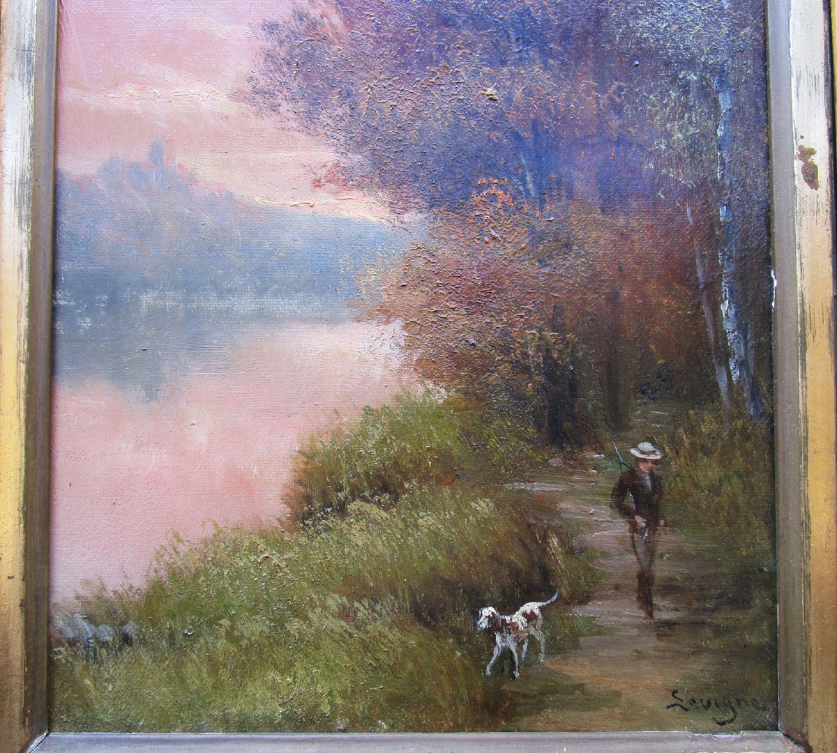 Théodore Lévigne Superb Pendant, Hunter And Fisherman Hunting Fishing Table Signed Levigne Oil.-photo-4