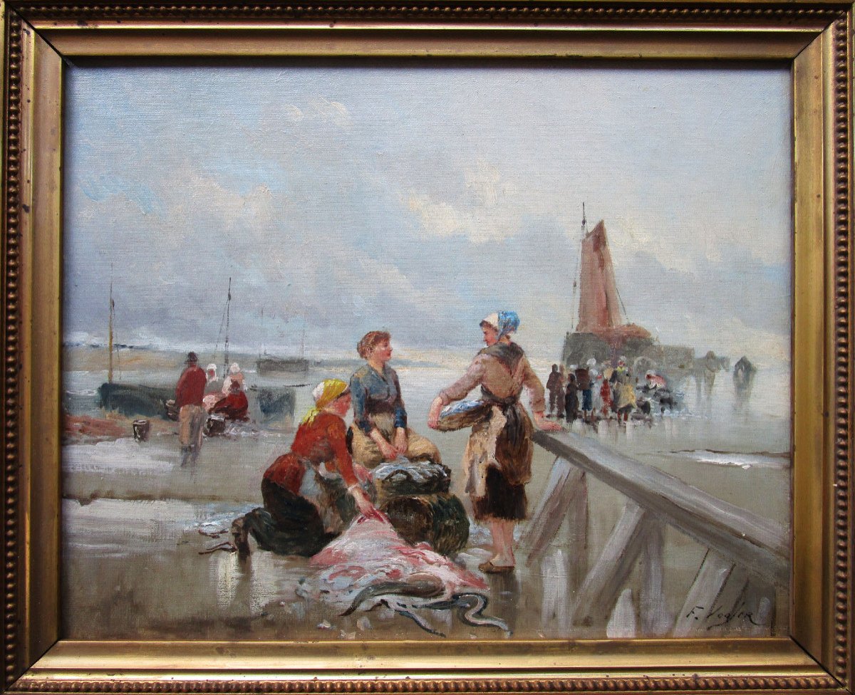 Superb Painting Signed F Vogler, Return Of Fishing Boats In Normandy, Marine Oil On Canvas-photo-2