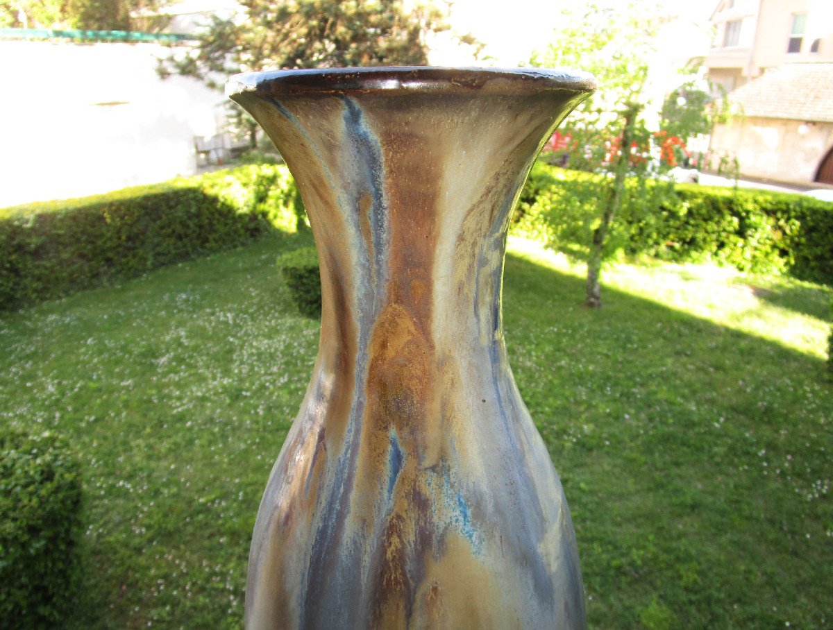 Old Large Art Deco Vase In Bouffioulx Sandstone By The Belgian Flemish Ceramist Roger Guérin-photo-3
