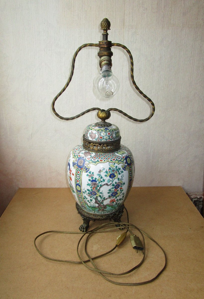 Samson Paris Pot Couvert En Porcelaine d'époque XIXe Montée En Lampe Chine Famille Verte-photo-2