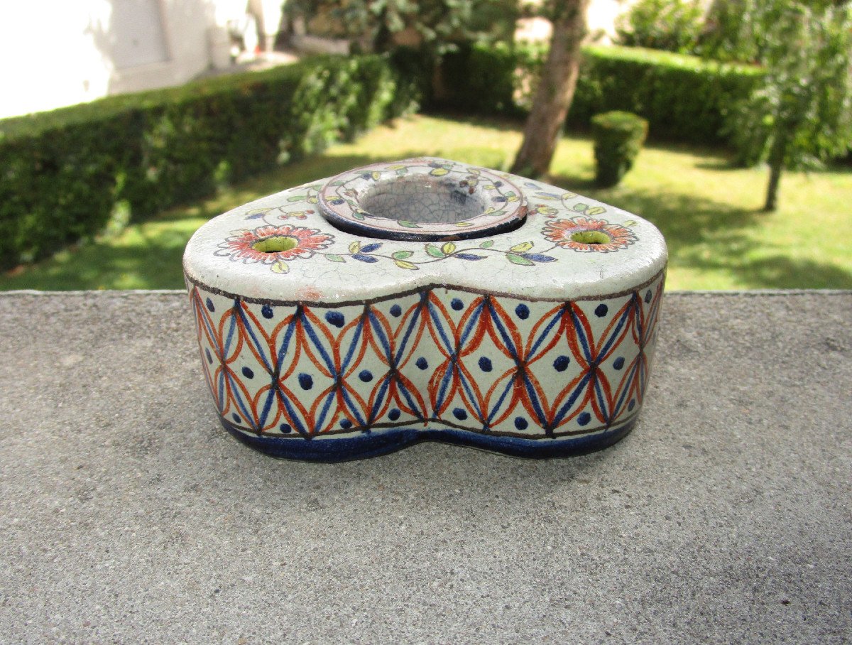 Antique Very Beautiful Inkwell, Late 18th Or Early 19th Century In Earthenware From Desvres Or Rouen Nevers-photo-3