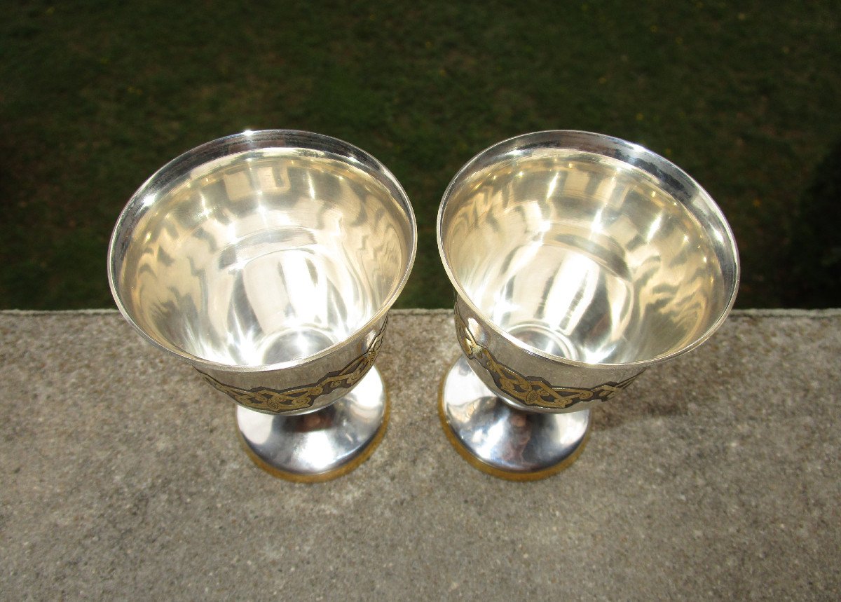 Rare Paire De Verres Calices En Argent Massif Et Vermeil 925 Origine Russe Russie.-photo-2