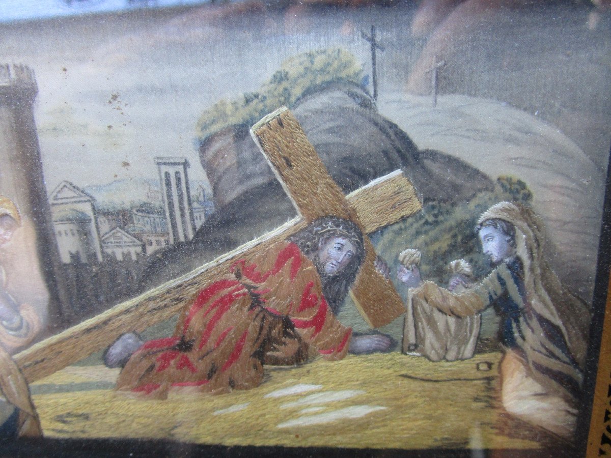 19th Century Religious Diorama Christ Carrying His Cross And Saint Veronica Woven Painting Under Glass.-photo-1