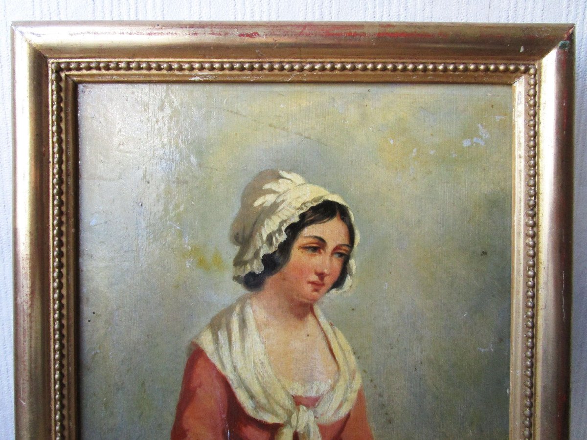Antique Superb 19th Century Painting Napoleon III Young Peasant Girl Woman Oil On Paper Golden Frame-photo-2