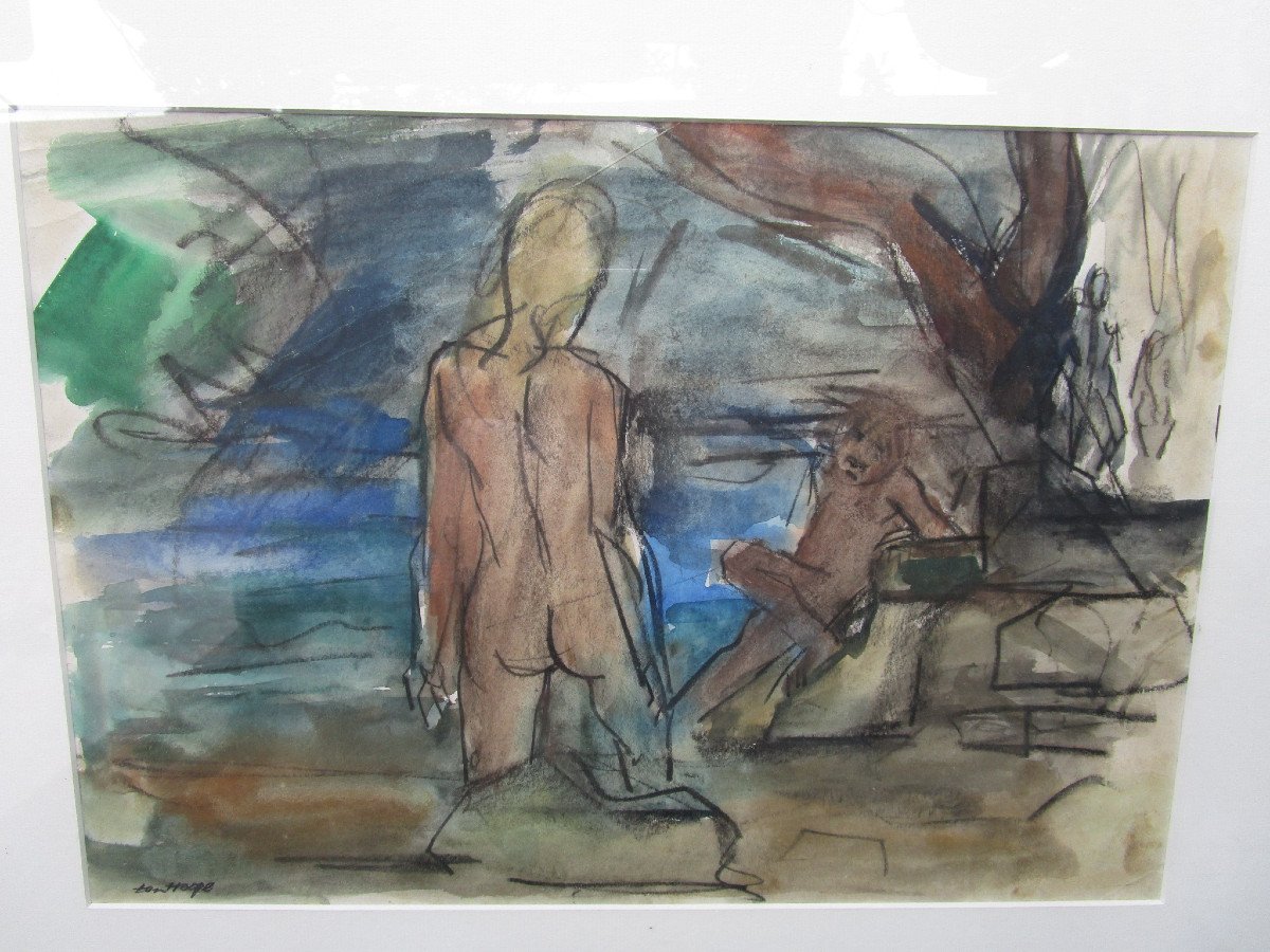 Watercolor Signed Bob Ten Hoope Nude Woman From Back Pont En Royans Vercors Beautiful Female Nude Painting-photo-3