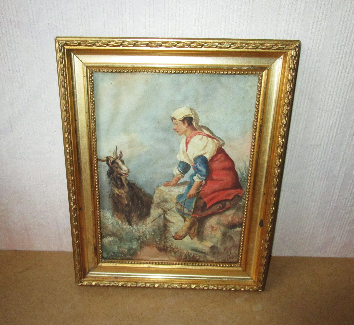 Superb Old Signed Painting, 19th Century Watercolor, Italian Shepherdess, Goat, Latium Rome Costume-photo-2
