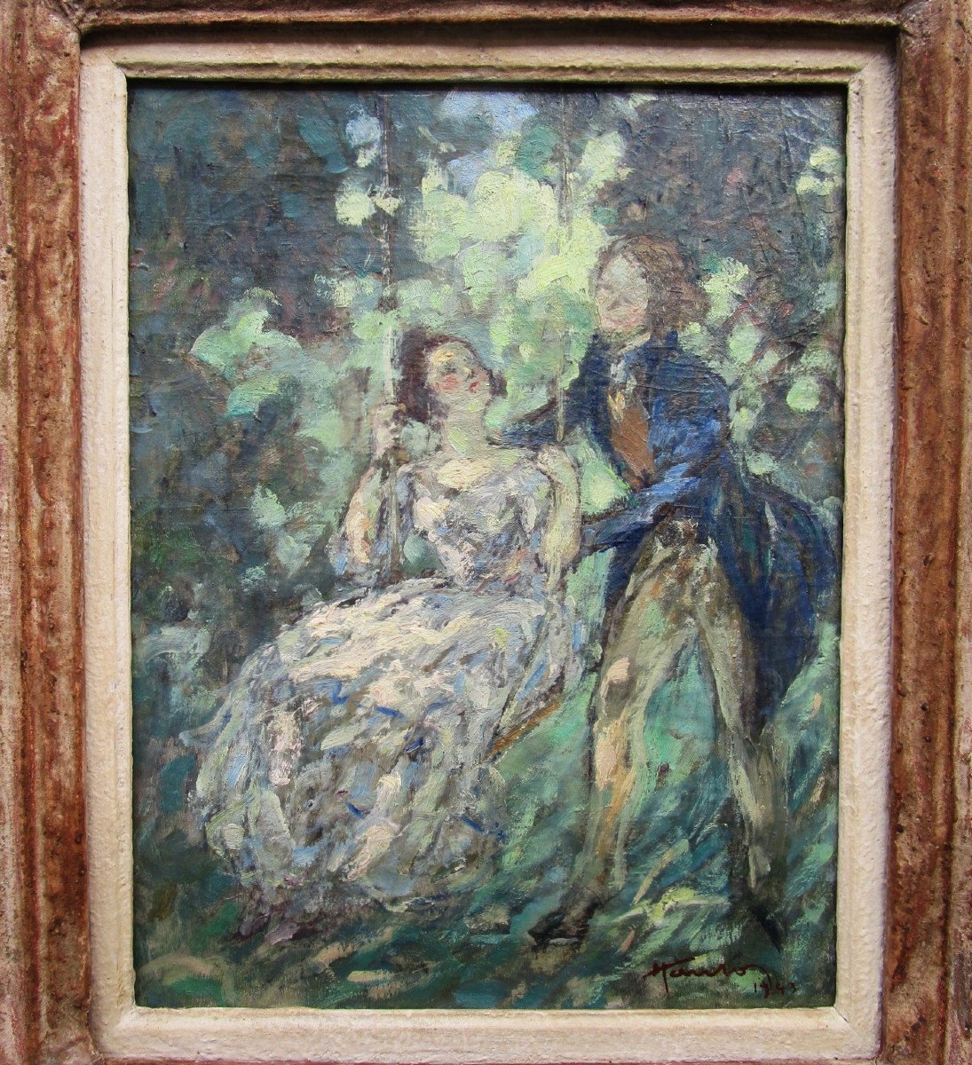 The Swing, Superb Painting Signed And Dated In 1943 School Of Paris, Montparnasse Style Frame.-photo-2