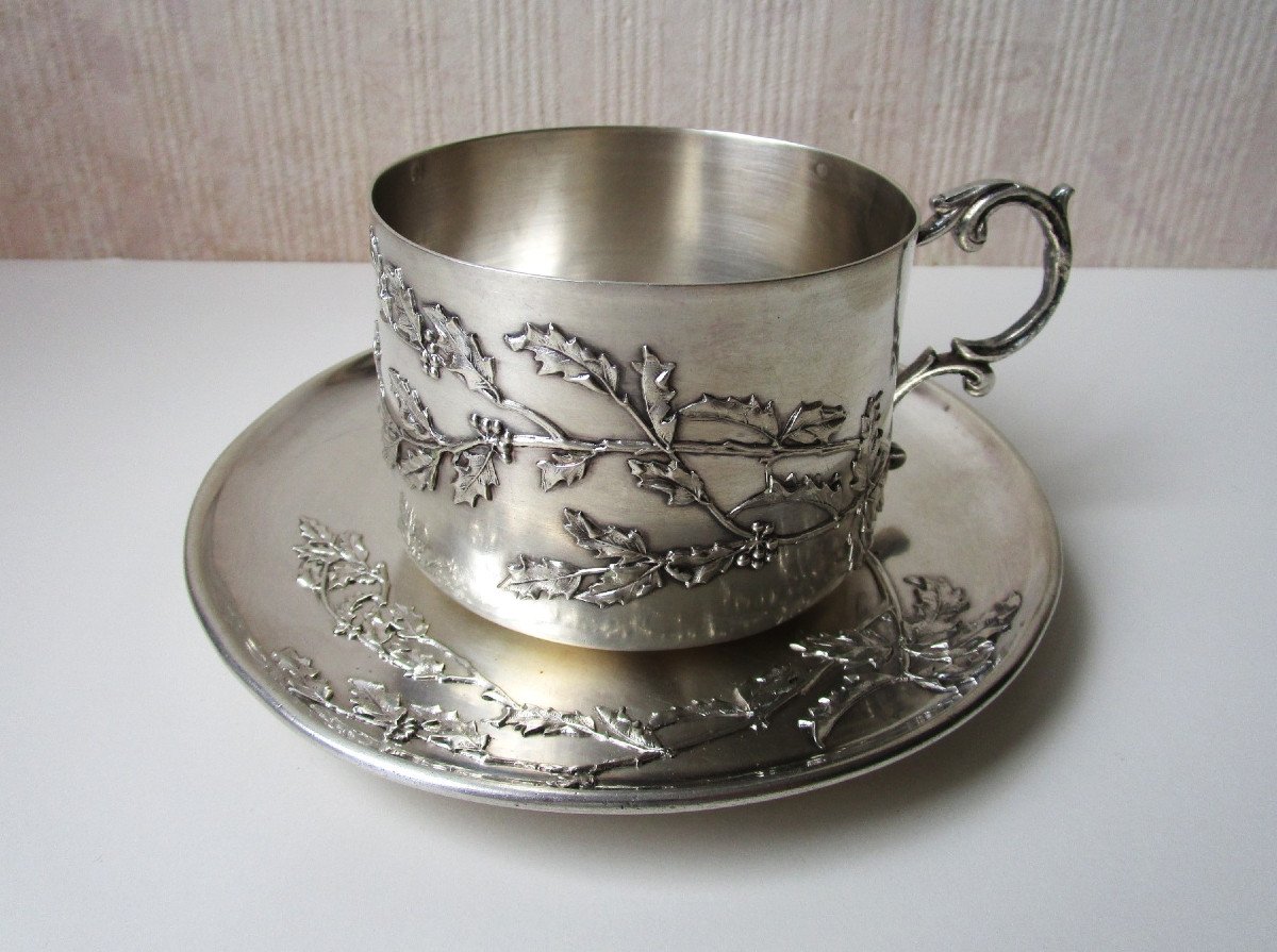 Très Belle Tasse à Chocolat Art Nouveau En Argent Massif Minerve à Décor De Houx 254 Grammes.-photo-2