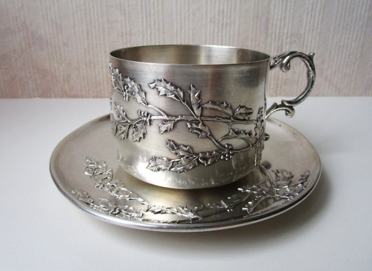 Très Belle Tasse à Chocolat Art Nouveau En Argent Massif Minerve à Décor De Houx 254 Grammes.-photo-8