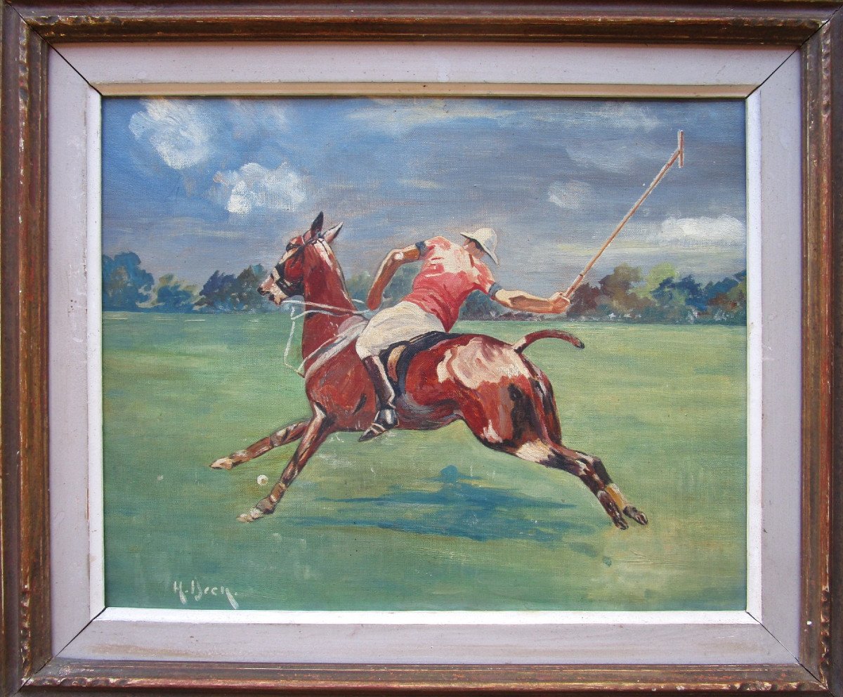 Very Beautiful Signature Painting To Identify Polo Player Poloist On Horseback Oil On Cardboard 1950-photo-2