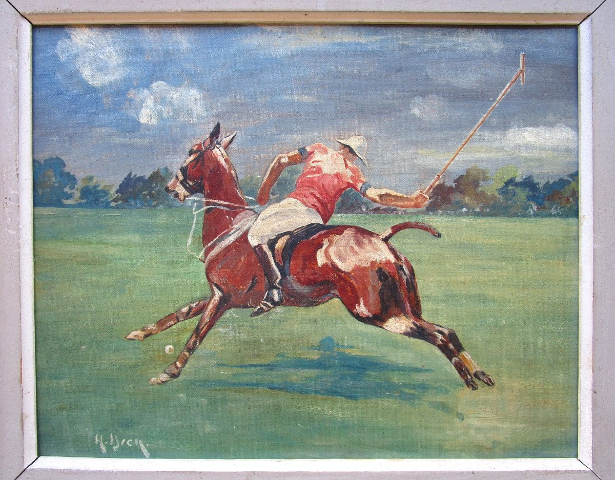 Very Beautiful Signature Painting To Identify Polo Player Poloist On Horseback Oil On Cardboard 1950-photo-3