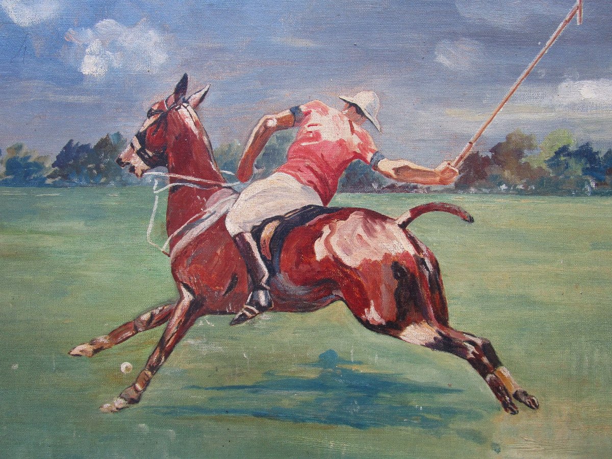 Very Beautiful Signature Painting To Identify Polo Player Poloist On Horseback Oil On Cardboard 1950-photo-4