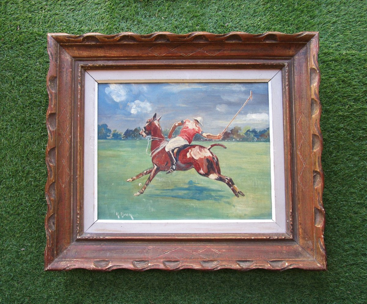 Very Beautiful Signature Painting To Identify Polo Player Poloist On Horseback Oil On Cardboard 1950