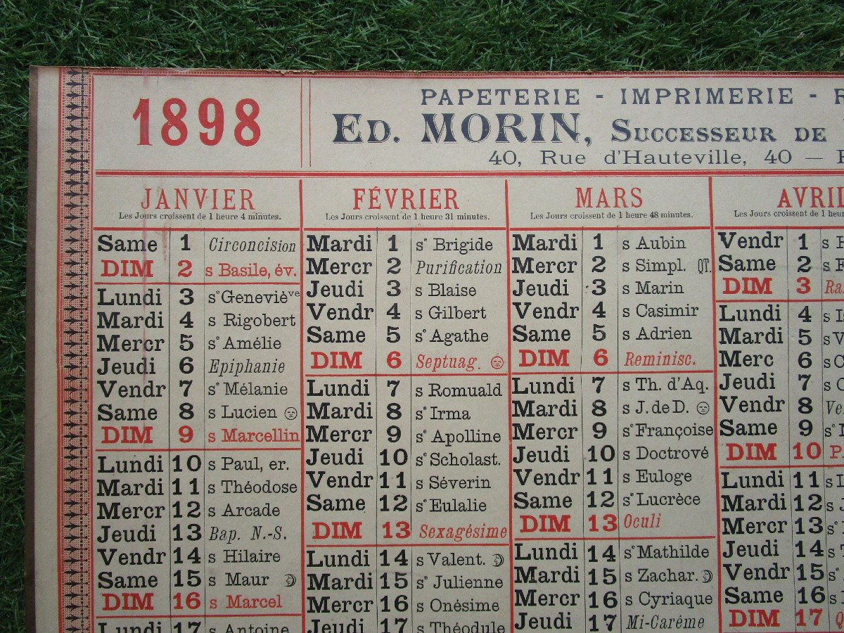 Old Large Calendar 1898 With Fun Old First Names! Cabinet Of Curiosity Object.-photo-2