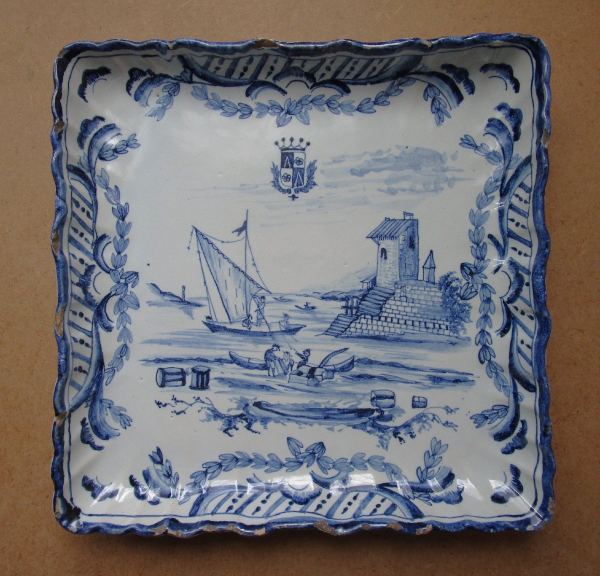 Delft Very Beautiful 18th Century Earthenware Plate Ar Mark Fishermen Decor In Shades Of Blue Coat Of Arms.