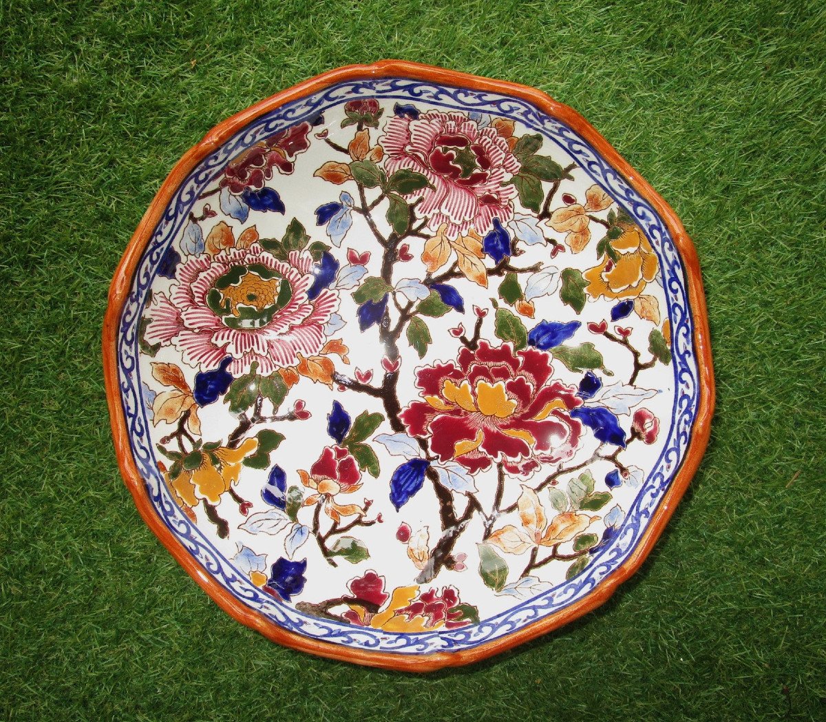 Superb Fruit Bowl Or Other In Gien Earthenware Peony Decor In New Condition Diameter: 27 Cm-photo-2