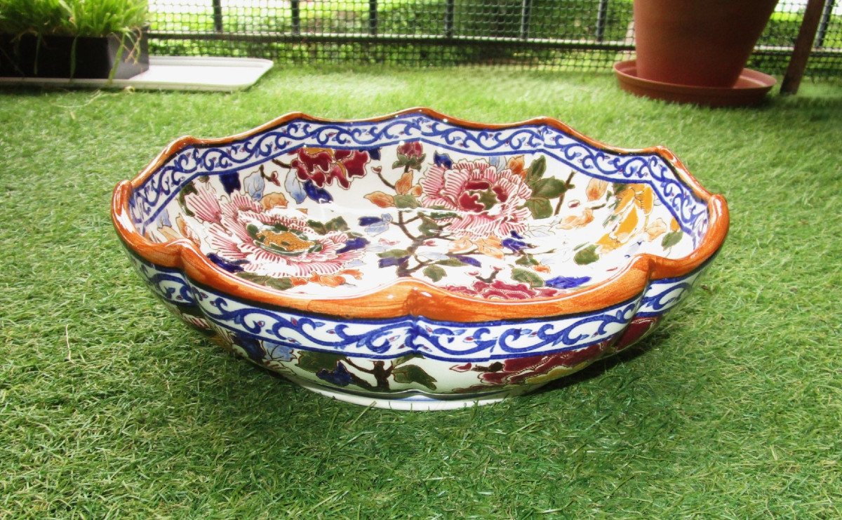 Superb Fruit Bowl Or Other In Gien Earthenware Peony Decor In New Condition Diameter: 27 Cm