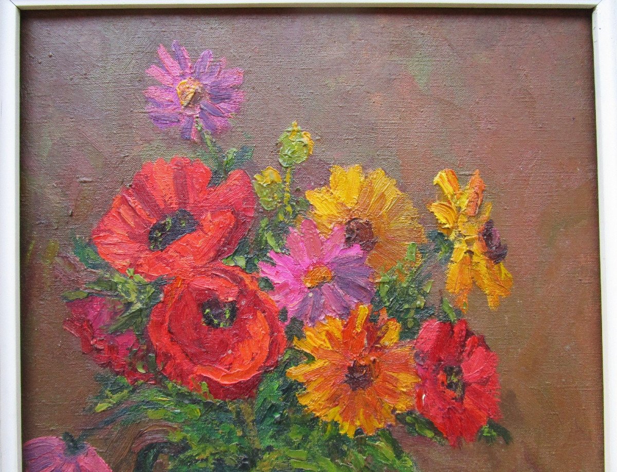 Old Very Beautiful Painting Signed Lucien Quénard, Bouquet Of Poppy Flowers, Grenoble Montagne-photo-4