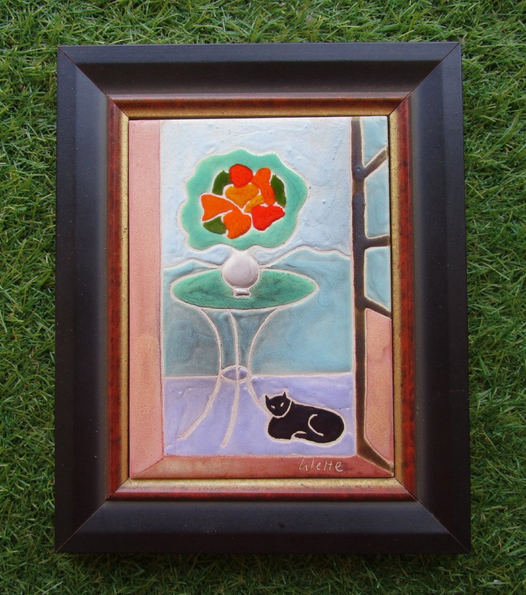 Lilette And Gilbert Valentin Les Archanges Vallauris Ceramic Painting Flowers And Black Cat.