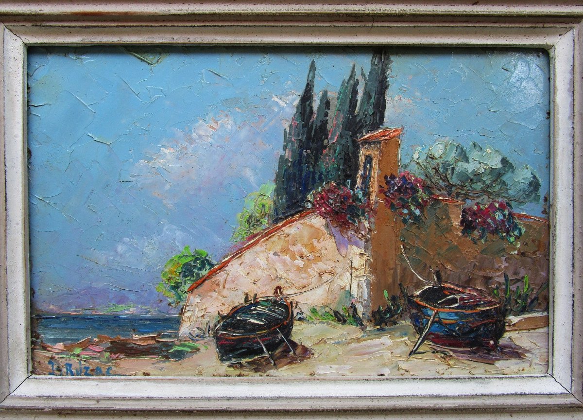 Victor Bruzac Antibes Superb Oil On Hardboard Marine Painting Circa 1940 1950 Golfe-juan Cannes-photo-2