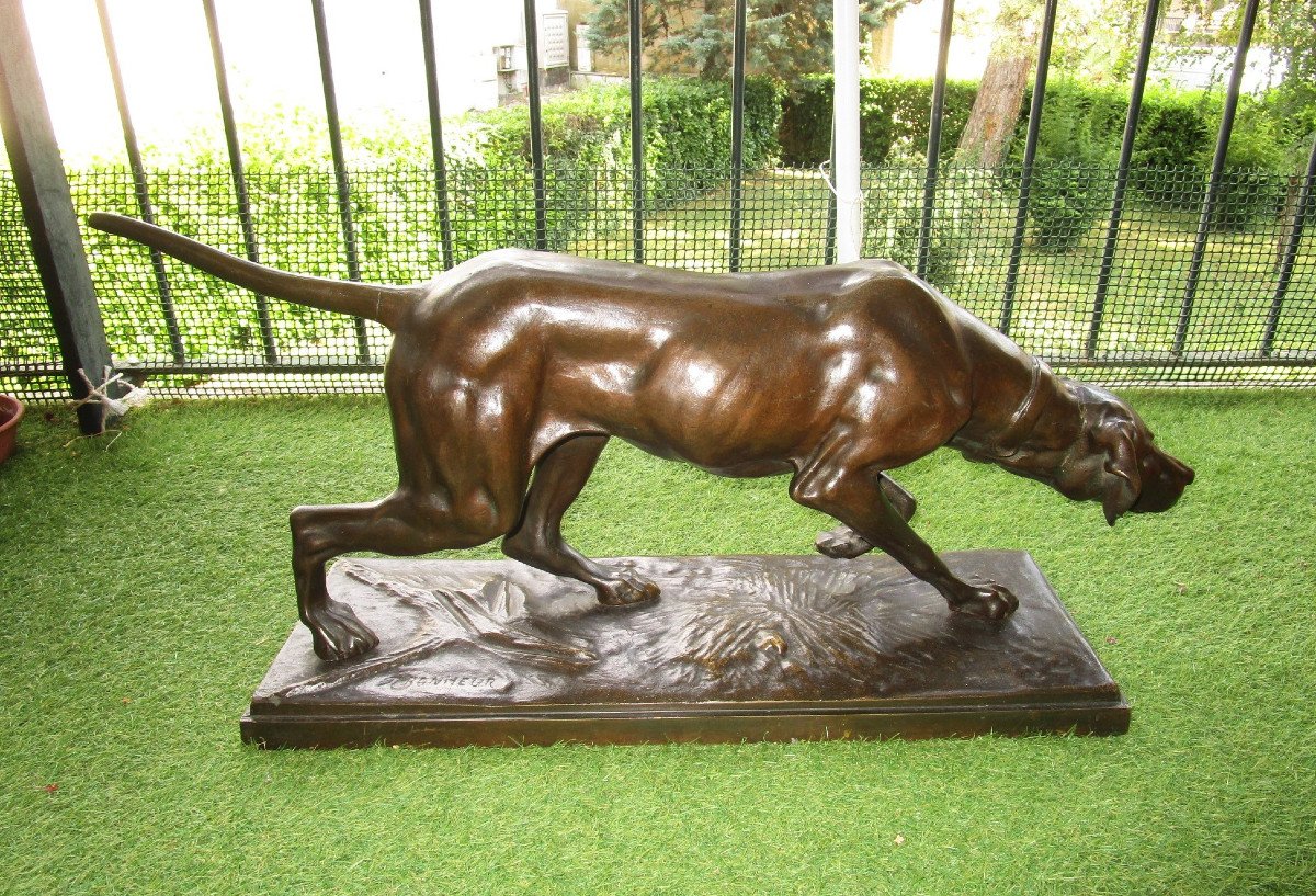 Importante sculpture Bronze Animalier Signé Rosa Bonheur Le Chien De Chasse Braque à l'Arrêt