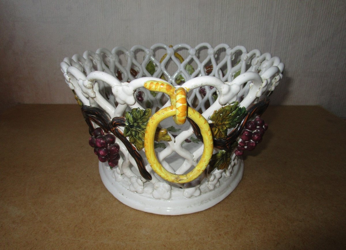 Emile Tessier Malicorne, Beautiful Fruit Bowl In Woven Earthenware, Decorated With Vines.-photo-1