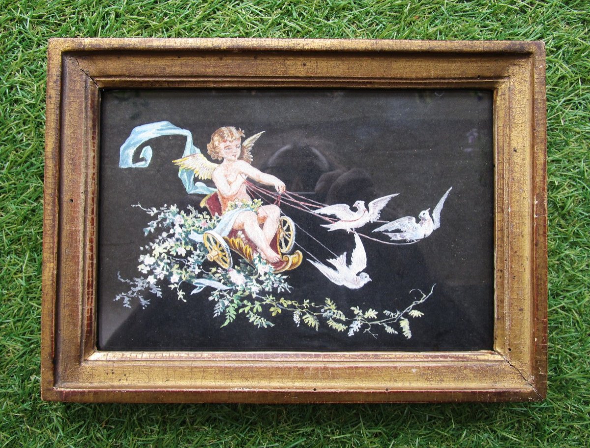 Very Beautiful Small Gouache On Silk Old Painting Angel Cherub Love Chariot Pulled By Doves-photo-2