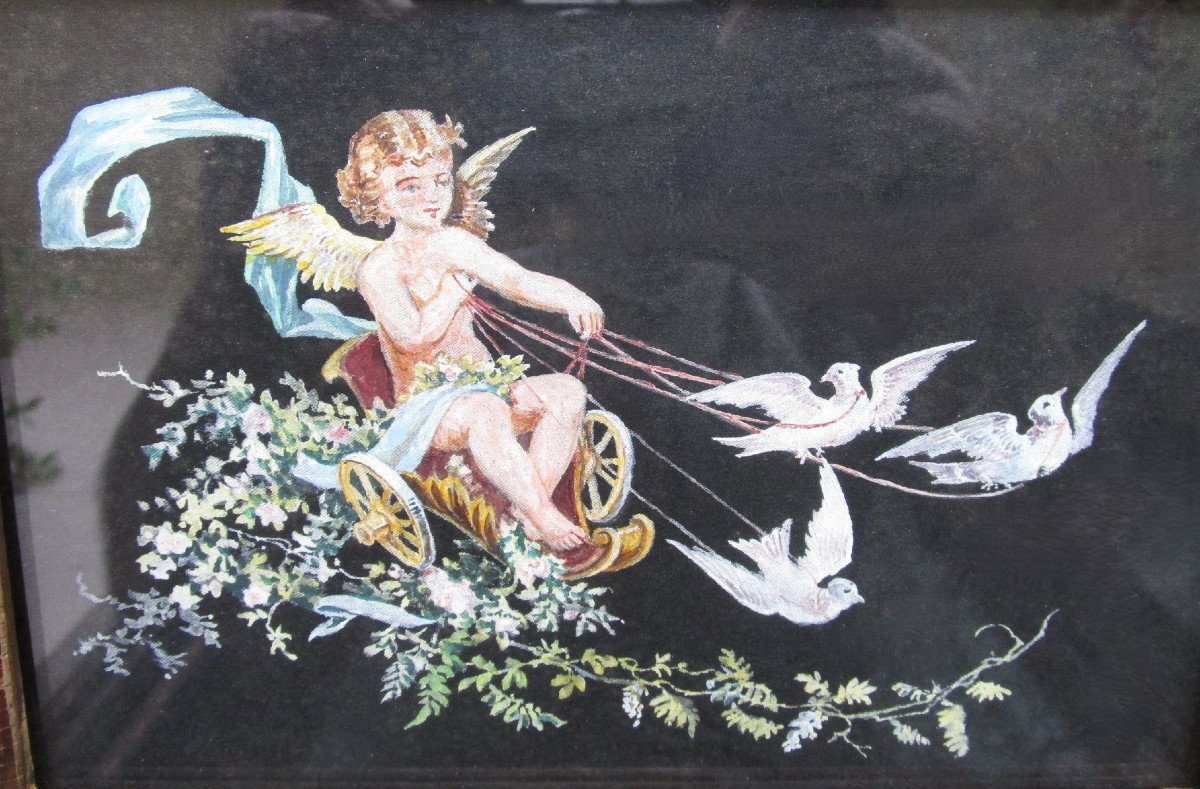 Very Beautiful Small Gouache On Silk Old Painting Angel Cherub Love Chariot Pulled By Doves-photo-3